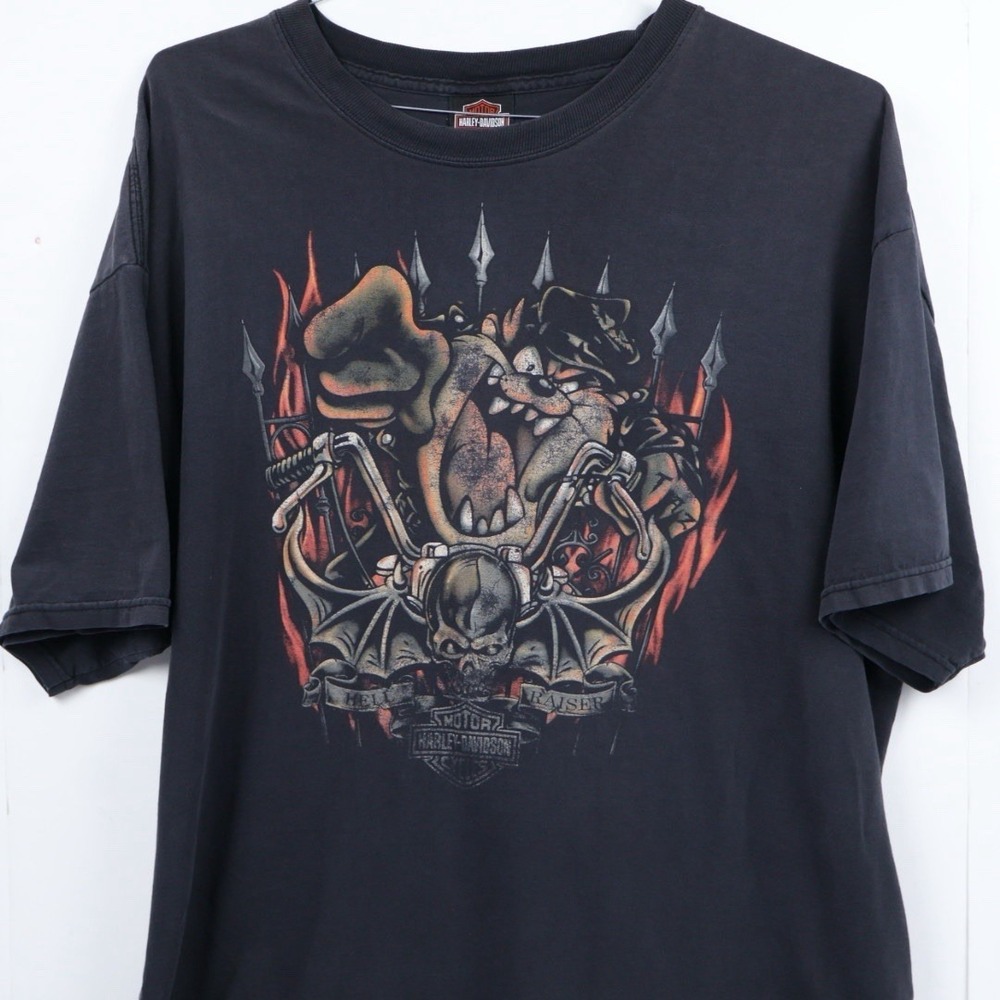 VTG Harley Motorcycle Biker T-Shirt Taz Looney Tunes Double Graphic Fade XL - Picture 2 of 13